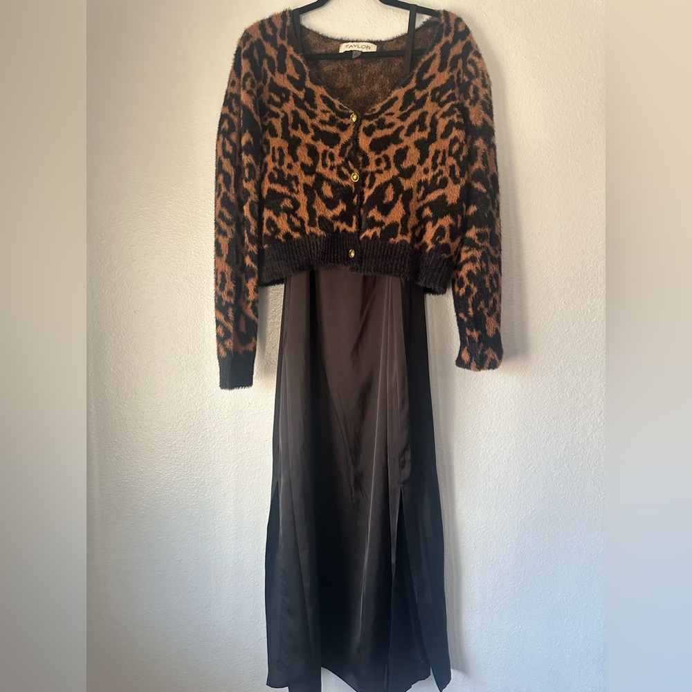 Taylor Soft Brown and Black Sweater with Black Satin Slip Dress
